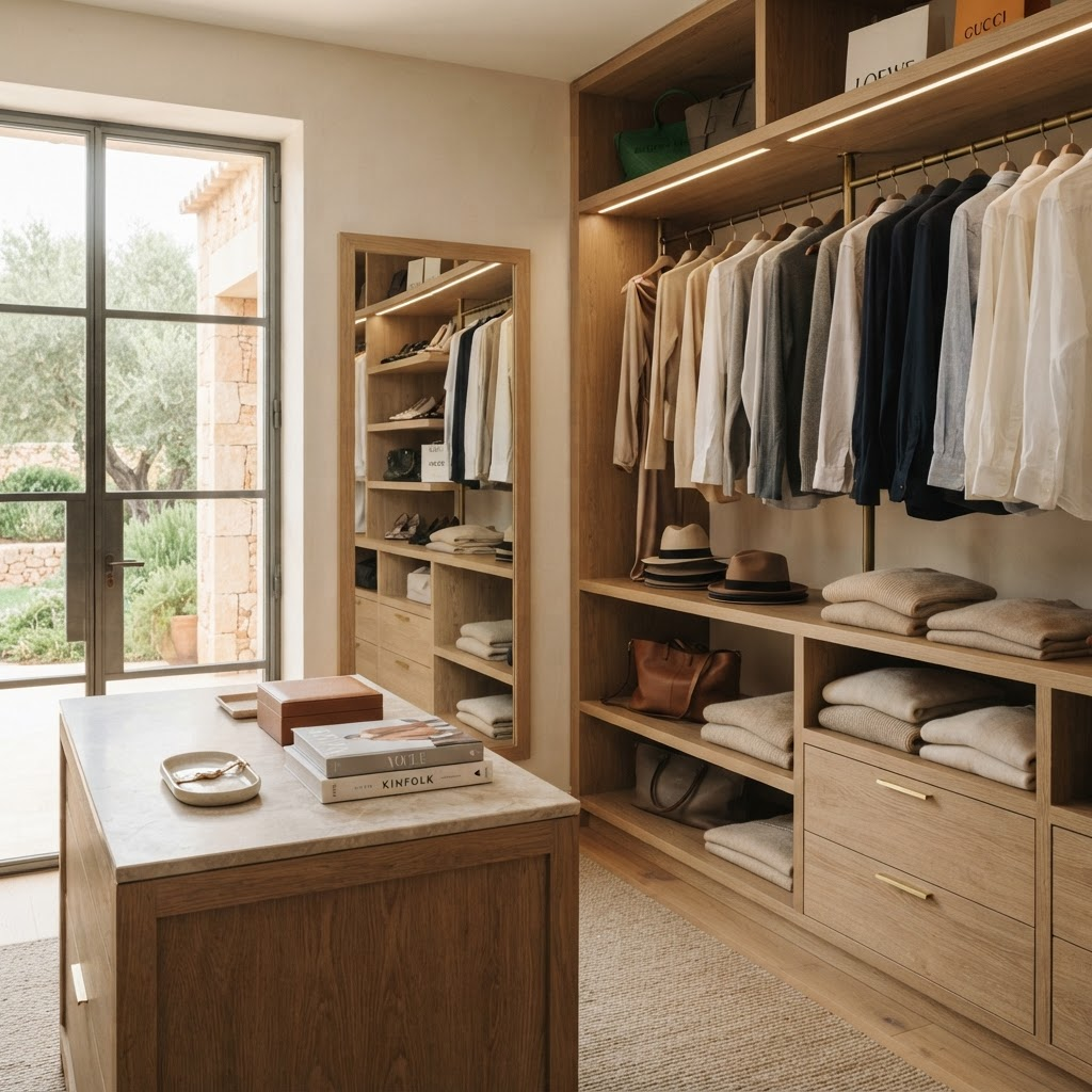 Interior de un vestidor moderno con estanterías de roble y ropa ordenada